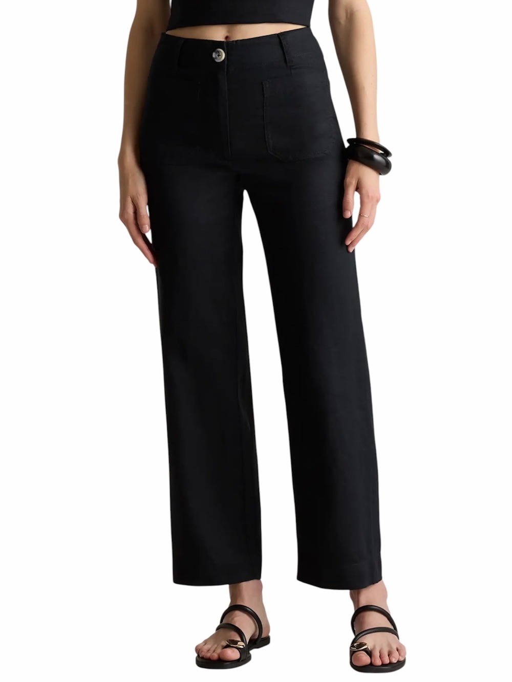 Quince Black 100% European Linen Patch Pocket Wide Leg High Rise Pants 6 NWT